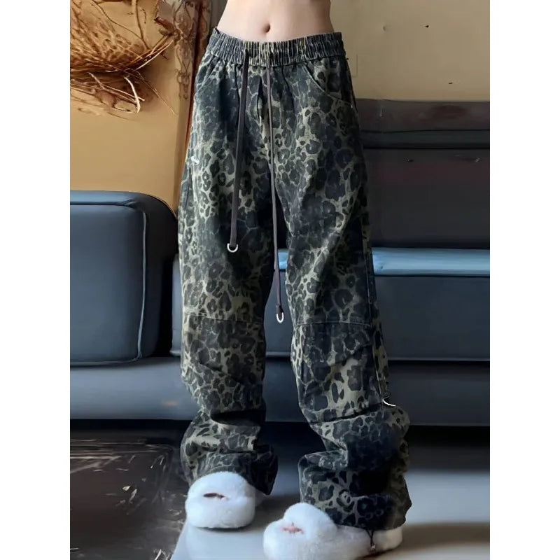 liwuka Vintage Baggy Leopard Jeans Woman Spring Streetwear Gyaru Harajuku Wide Denim Pants Casual Trashy Y2k Loose Trousers