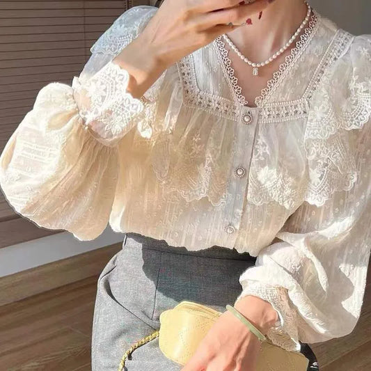 liwuka Vintage French Women Shirts Lace Lolita Elegant Long Sleeve Flounce Blouse High Quality Office Lady Chic Female Tops