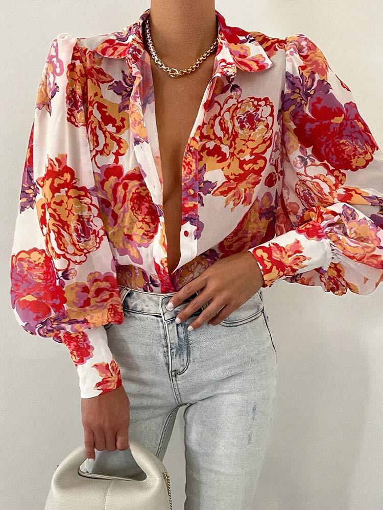 liwuka Women's Floral Print Puff Sleeve Shirt Female Elegant Casual V Neck Shirts Spring Summer Fashion Office Ladies Tops Blouses