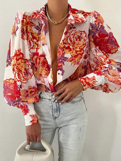 liwuka Women's Floral Print Puff Sleeve Shirt Female Elegant Casual V Neck Shirts Spring Summer Fashion Office Ladies Tops Blouses