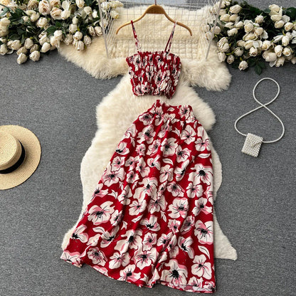 liwuka Women Dress Set New Summer Vacation Fashion Floral Print Straps Crop Tops + Long Skirts Outfits Beach 2Pcs Suits