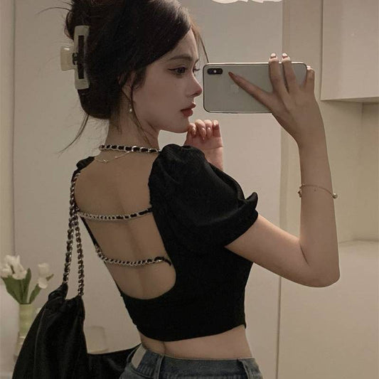 liwuka Backless Short Sleeve T-shirts Women Sexy Slim Club Retro Irregular High Street Y2k Clothes Summer Crop Tops Ropa Mujer Stylish