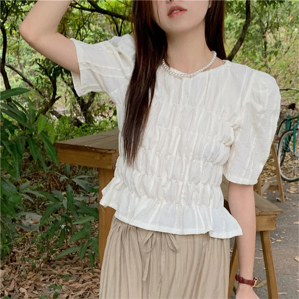 liwuka French Solid Blouses Women Chic Elegant Mujer New Gentle Casual Summer Short Sleeve Work Wear Slim-Fit Blusas