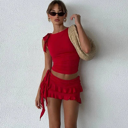 liwuka Red Skirt Set Sleeveless Round Neck Open Umbilical Small Tank Top Slim Fit Wooden Ear Edge Wrapped Hip Skirts Suit