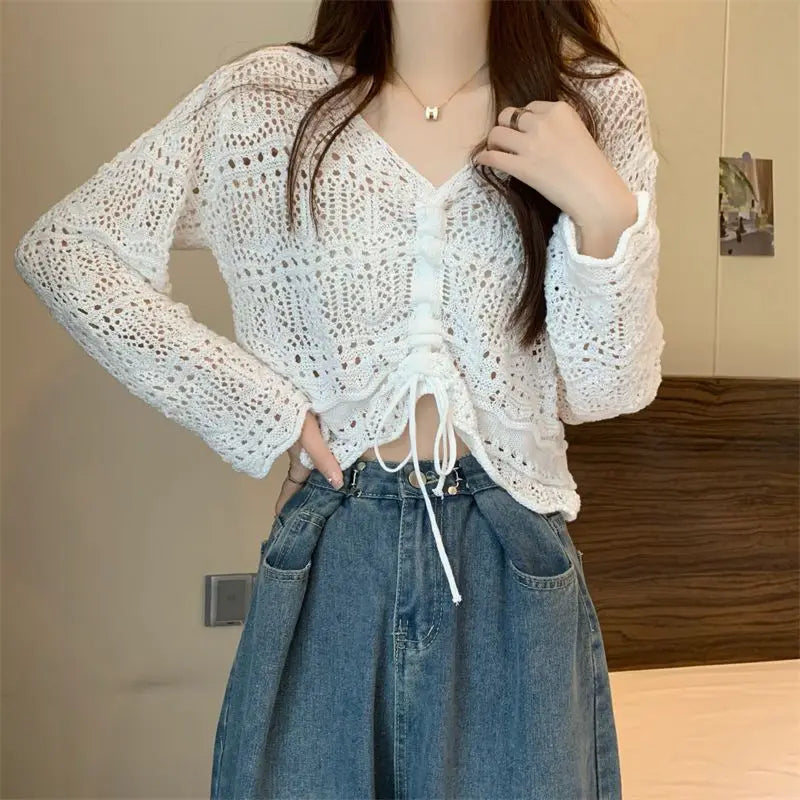 liwuka Korean Simple Hollow Out Drawstring Knit Sweaters Women Spring Summer Solid V-Neck Lace Up Sweet and Spicy Sexy Design Short Top