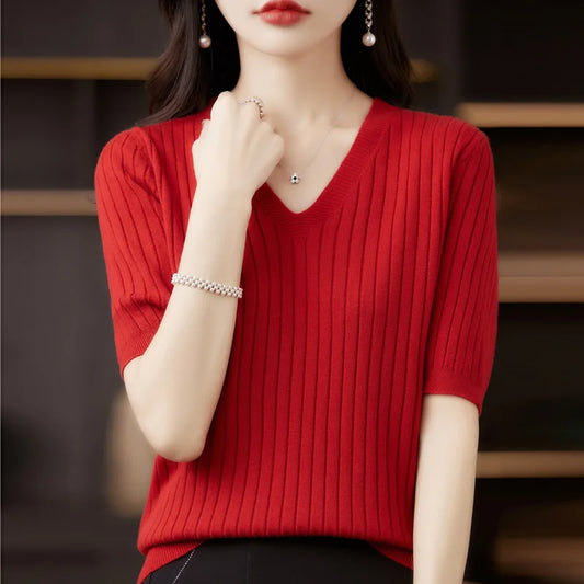 liwuka Women Sweater Short Sleeve V-neck Stripe Knitwears Slim Fit Shirt Korean Fashion Pullovers Thin Knit Tops Bottoming Shirts