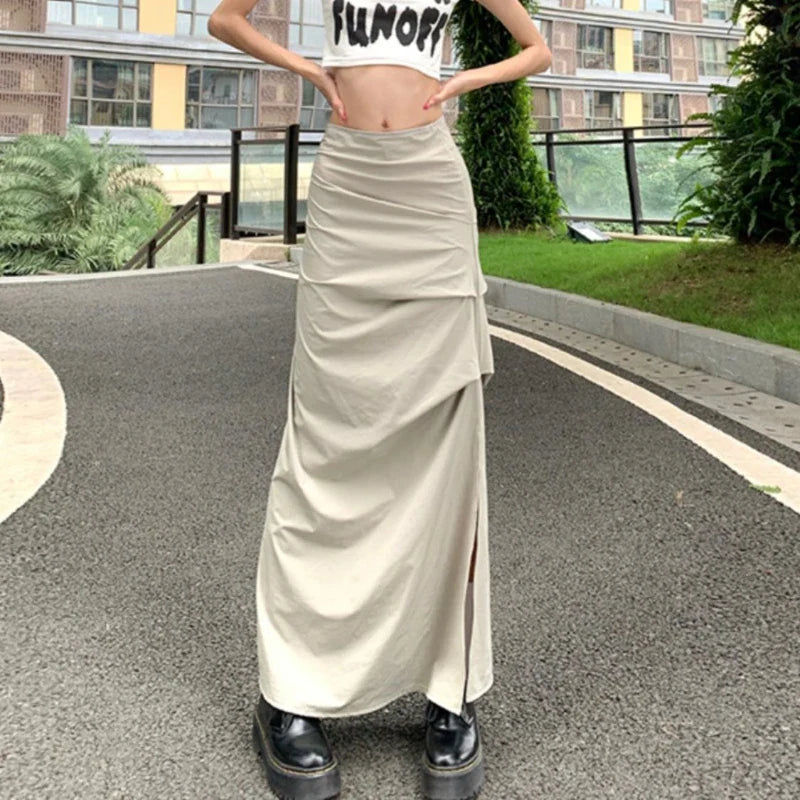 liwuka Vintage Cargo Skirt Women Ruffle Y2k Fashion Slit Skirts Streetwear Casual Solid Summer Long Skirt Aesthetics A-line