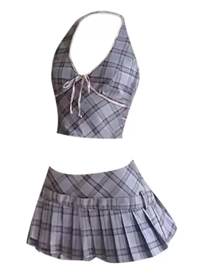 liwuka korean Fashion Y2k 2 Piece Set Women Sexy Vintage Chic Mini Skirt Suit Female Plaid Halterneck Tops+Pleated Skirt Summer 2024