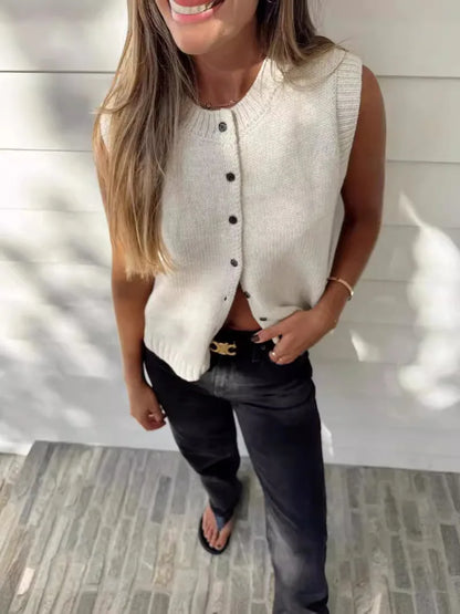 liwuka Summer Knitted Cardigans Women Elegant Fashion Button Sleeveless Cardigan Solid Basic Casual Vacation Holiday Tops 2024 Gray