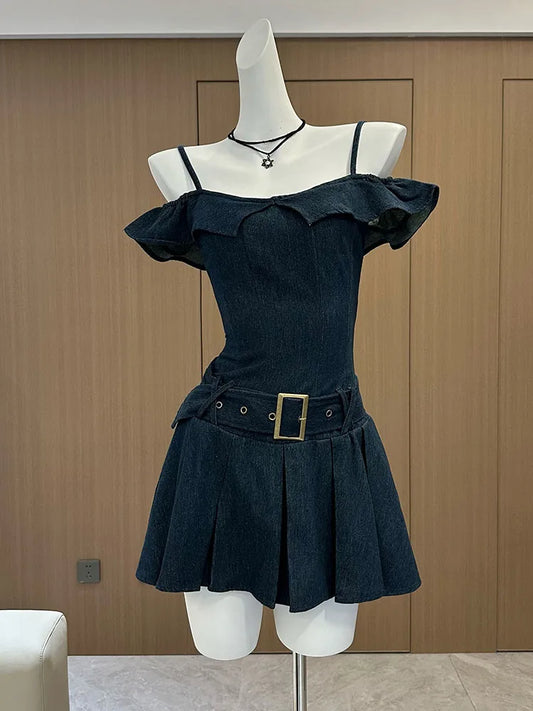 liwuka Summer Ballet Core Mini Denim Dress Women 2000s Slash Neck Frocks With Belt Party Old Money Prom Gown One-Piece Coquette Gyaru