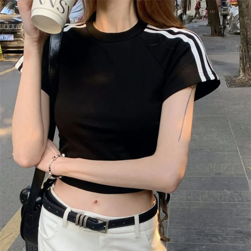 liwuka Harajuku Summer Women Striped Short T-shirt Streetwear Fashion New Korean Clothing Drawstring Slim Basic Short Sleeve Crop Tops