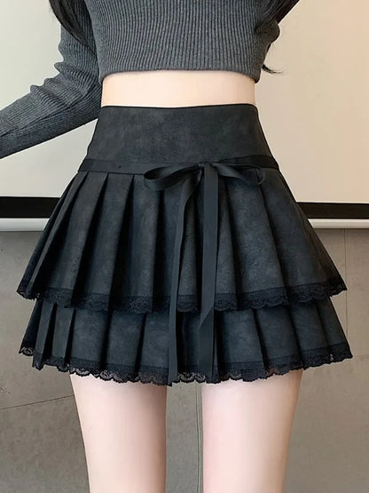 liwuka Chic Pleated Pu Skirts for Women High Waisted brown Black Fashion Solid Mini Skirts Autumn A Line Skirt 2024