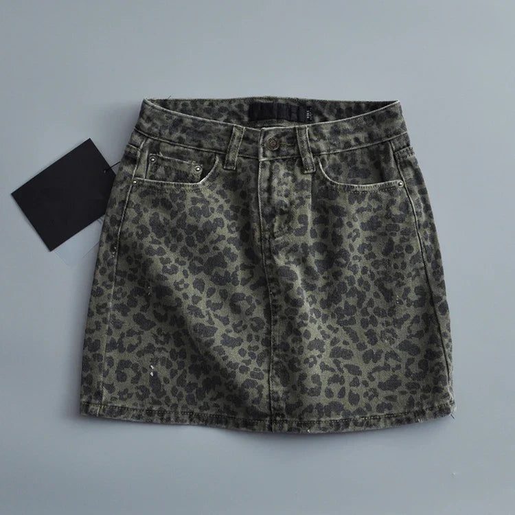 liwuka High Waisted Mini Skirts for Women Korean Fashion Leopard Skirts Womens 2024 Summer Denim Skirt Green Vintage Jean Skirt Ripped