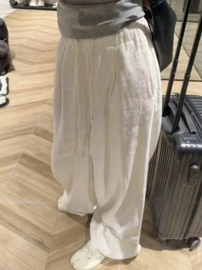 liwuka Wide Leg White Linen Pants Woman Casual Basic Summer 2024 Oversize Female Straight Trousers Baggy Elastic Waist Pants