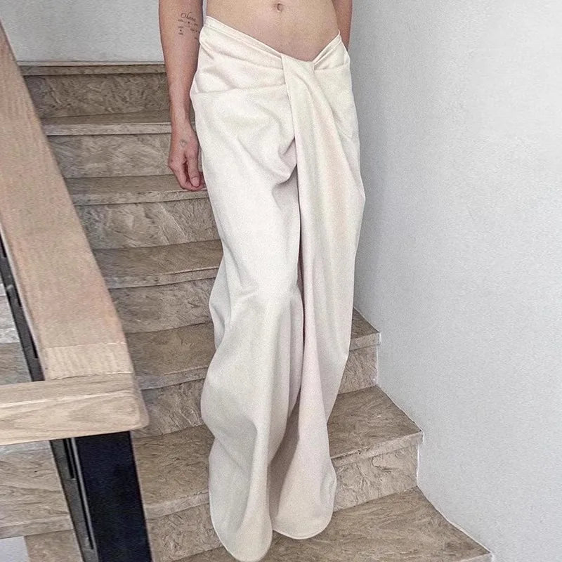 liwuka Simple And Plain Wide Leg Pants For Women With A Casual And Loose Design. Irregular Twisted Waist And Slim Waist Pants