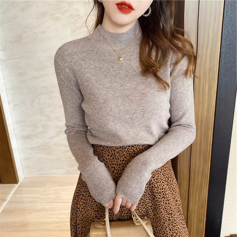 liwuka Autumn Winter Women Mock neck Sweaters Pullover Tops Knitwear Fashion Female Long Sleeve Skinny Elastic Casual Knitted Shirts