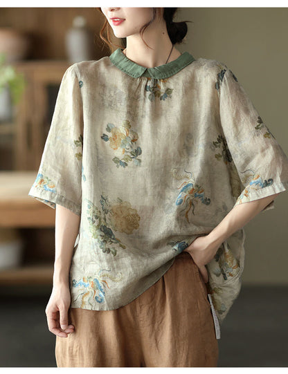 liwuka Women Summer Casual Shirts New Vintage Style Floral Print Loose Comfortable Cotton Linen Female Half Sleeve Tops