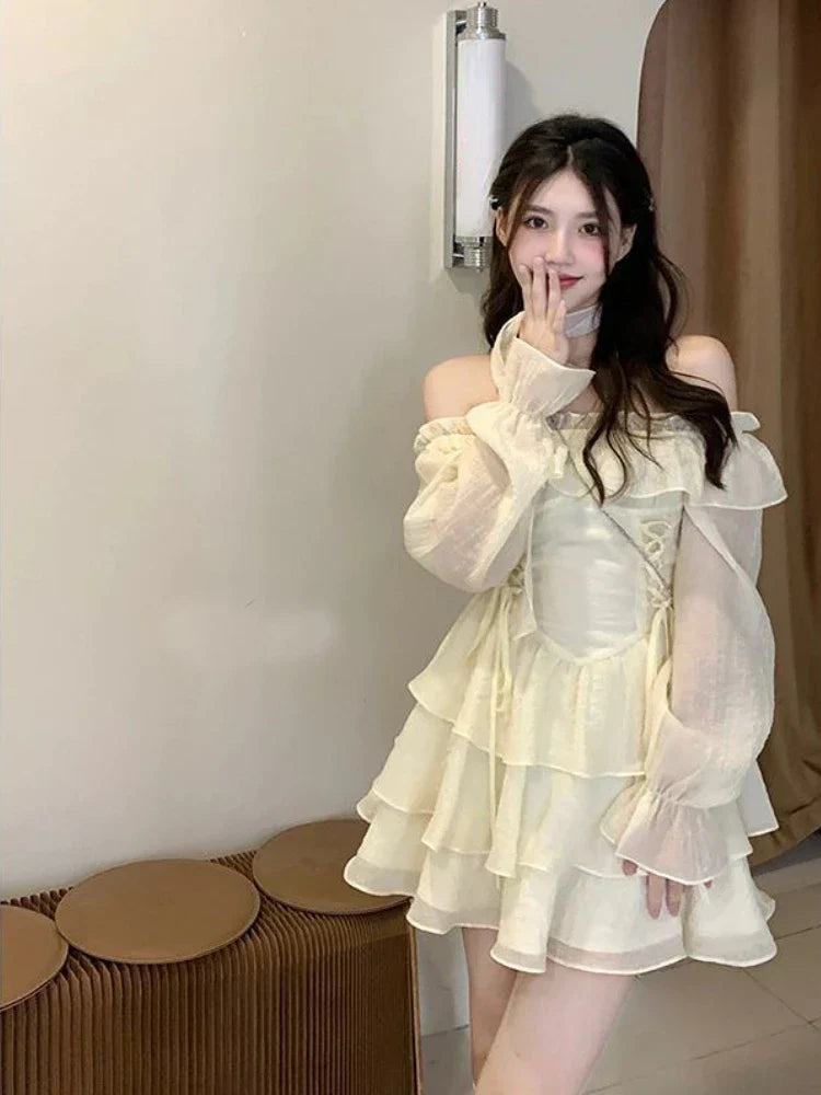 liwuka Long Sleeve Elegant Mini Dress Lolita Pure Color Short Party Dress Woman Casual Spring Sweet One Piece Dress Korean Fashion