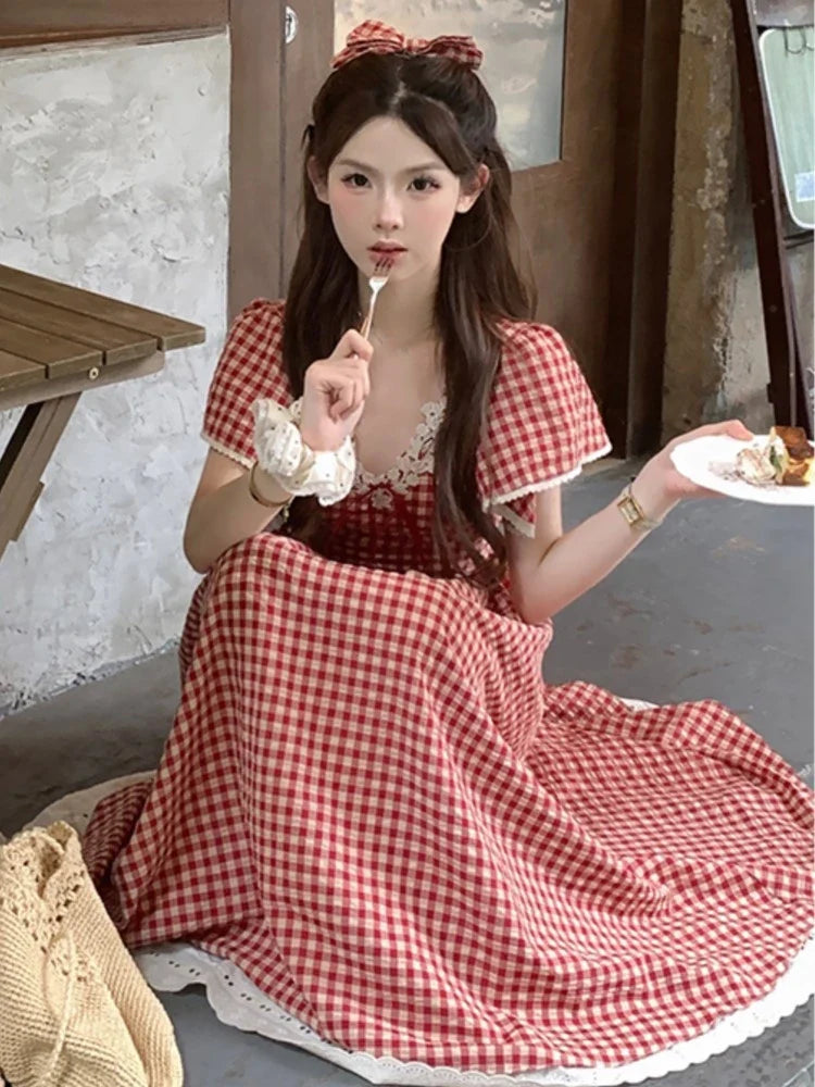 liwuka Elegant Red Plaid Midi Dresses for Women Lace Patchwork V-neck A-line Sweet Casual Summer New Party Dress Kawaii Vestidos Mujer