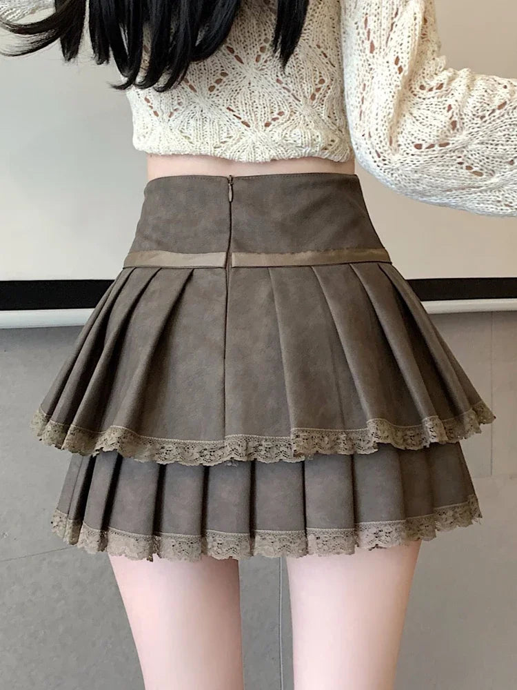 liwuka Chic Pleated Pu Skirts for Women High Waisted brown Black Fashion Solid Mini Skirts Autumn A Line Skirt 2024