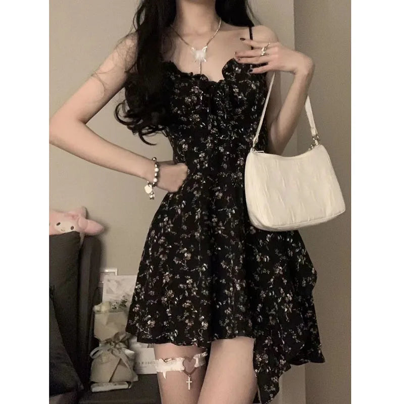 liwuka Black Floral Print Ssling Dresses Women Summer Vintage Spaghetti Strap Mini Dress Female Elegant Slim Ruffles A-Line Dress