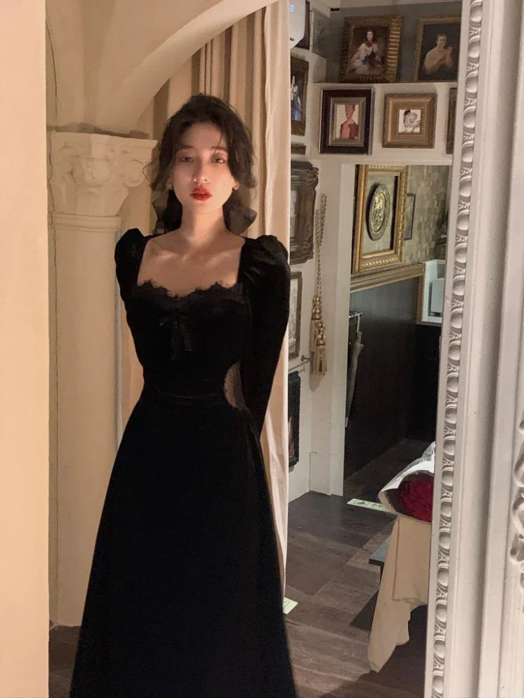 liwuka Autumn Black Velvet Midi Dress Casual Korean Fashion Elegant Party Dress Woman Long Sleeve Vintage Lace Dress Slim Design