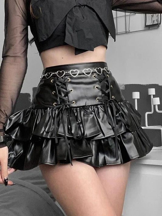 liwuka  Mall Goth Punk PU Skirt Women Dark Gothic Vintage Bandage High Waist Lolita Skirt Harajuku Streetwear Emo Alt Clubwear