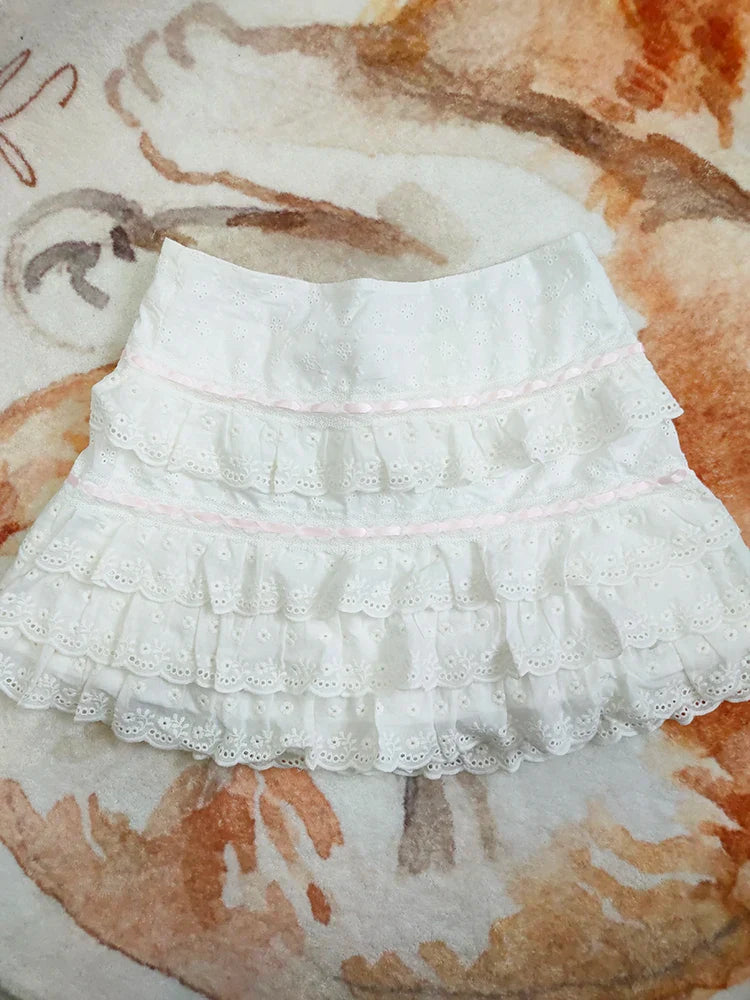 liwuka Cotton Shorts Skirt Women Lace Embroidery Elastic Waist Cute Mini Cake Skirt for Sweet Girls Lolita Style Kawaii Clothes