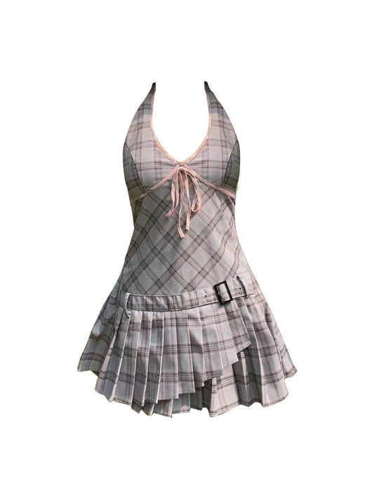 liwuka Summer Vintage Mori Girl Korean 2000s Aesthetic A-line Party Plaid Dress Women Sweet Mini Frocks Ballet Core One-Piece Gyaru Y2k