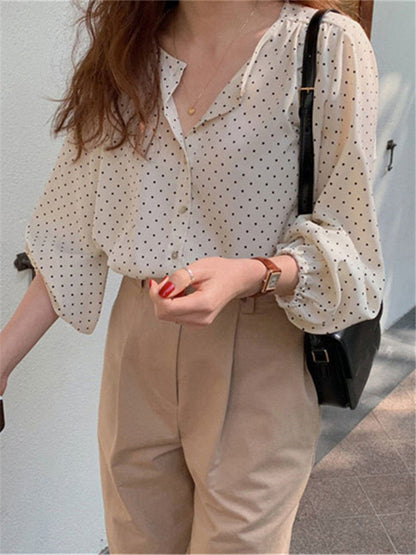 liwuka New Fashionable Elegant Office Lady Buttons Oversize Dot Korean Style Wild Spring Summer Women's Blouses Shirts Tops