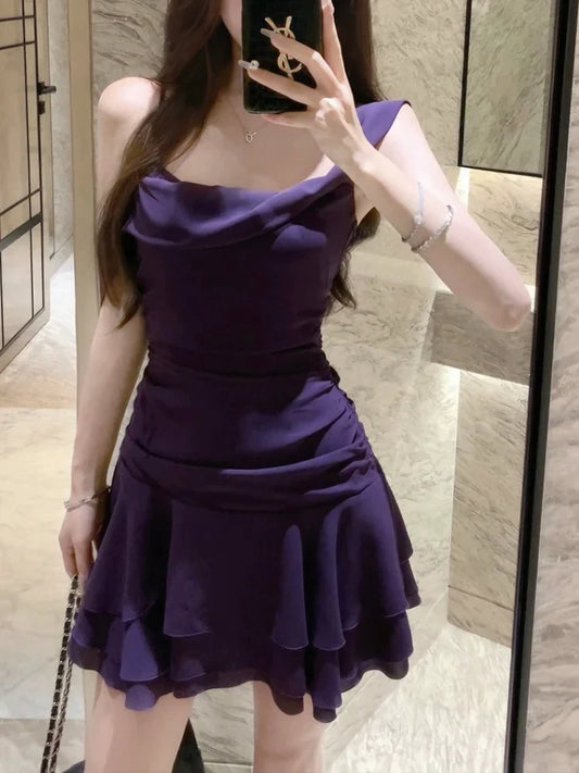 liwuka Summer Sexy Purple Sleeveless Party Dress Women Fashion Y2k A-line Slim Streetwear Dresses Elegant Chic Pleat Waist Up New Dress