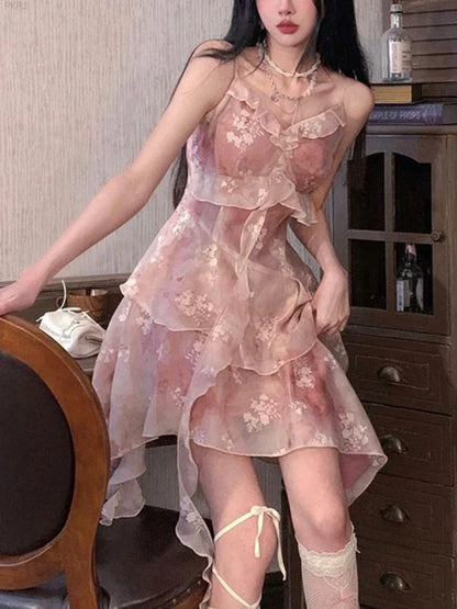 liwuka Floral Print Korean Sweet Dress Women 2024 Summer Elegant Party Mini Dress Female Irregular Japanese Lace Sexy Cute Strap Dress