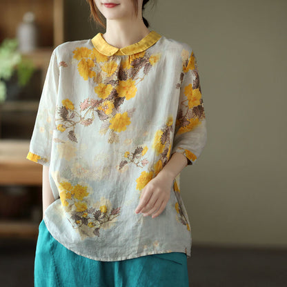 liwuka Women Summer Casual Shirts New Vintage Style Floral Print Loose Comfortable Cotton Linen Female Half Sleeve Tops