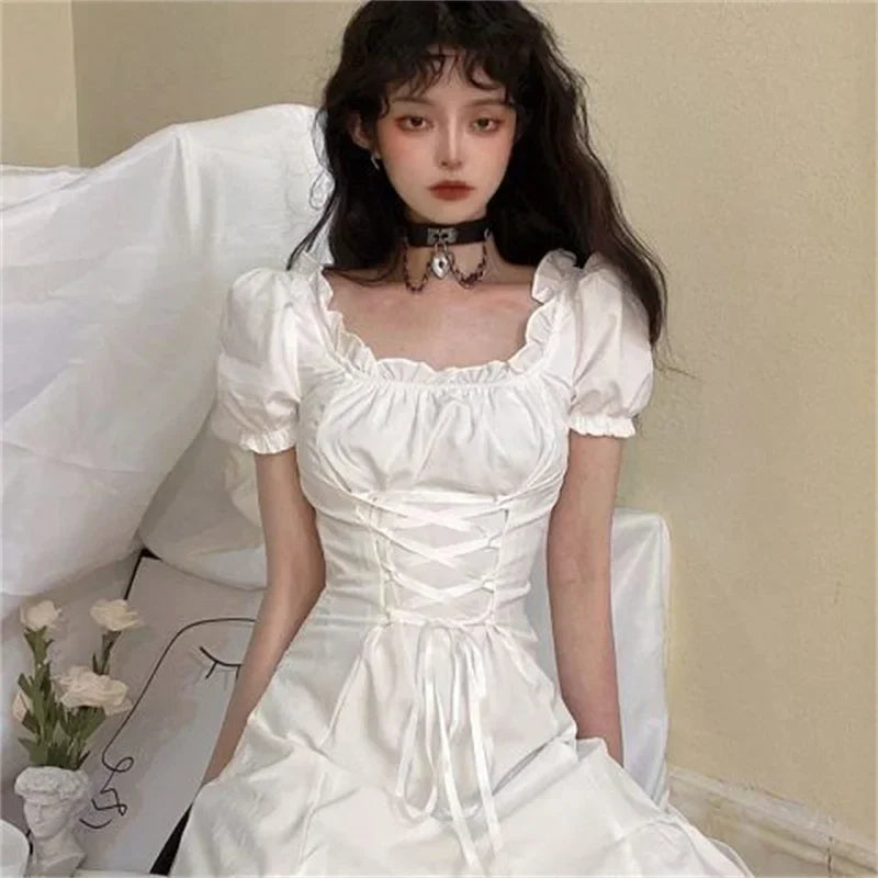 liwuka Korean Fashion White Mini Dresses Women French Stitching Wood Ears Lace Cross Lacing Up Short Sleeve Short Dress Holiday Clothin