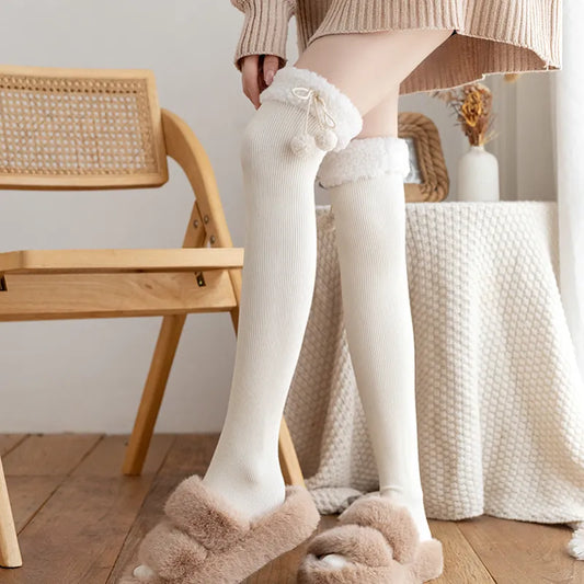 liwuka Japanese Vertical Stripe Plush Stockings Autumn Winter Cute Tights Kawaii Lamb Fur Wool Ball Calf Socks Lolita Knee High Socks