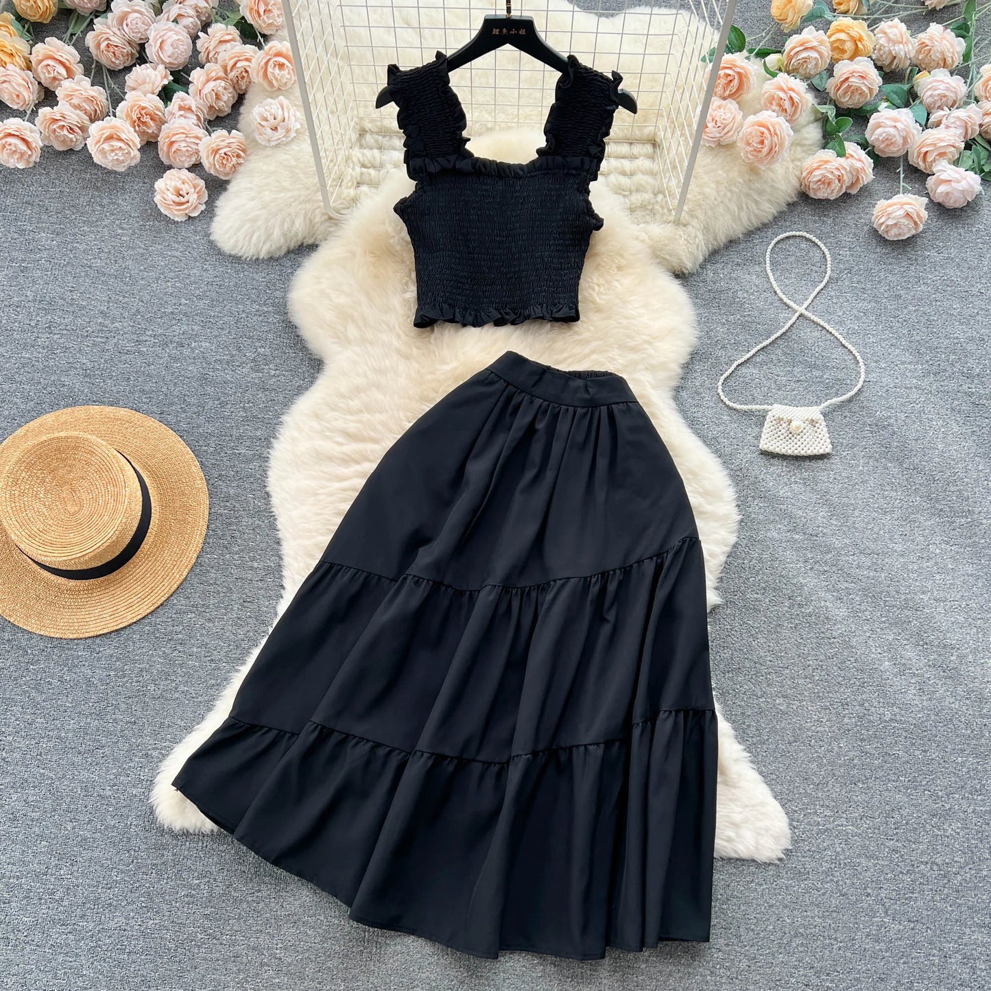 liwuka Chic Fashion Women Dress Suits Summer Vacation Style Sleeveless Stretchy Tops + High Waist Long Skirts Lady Outfits