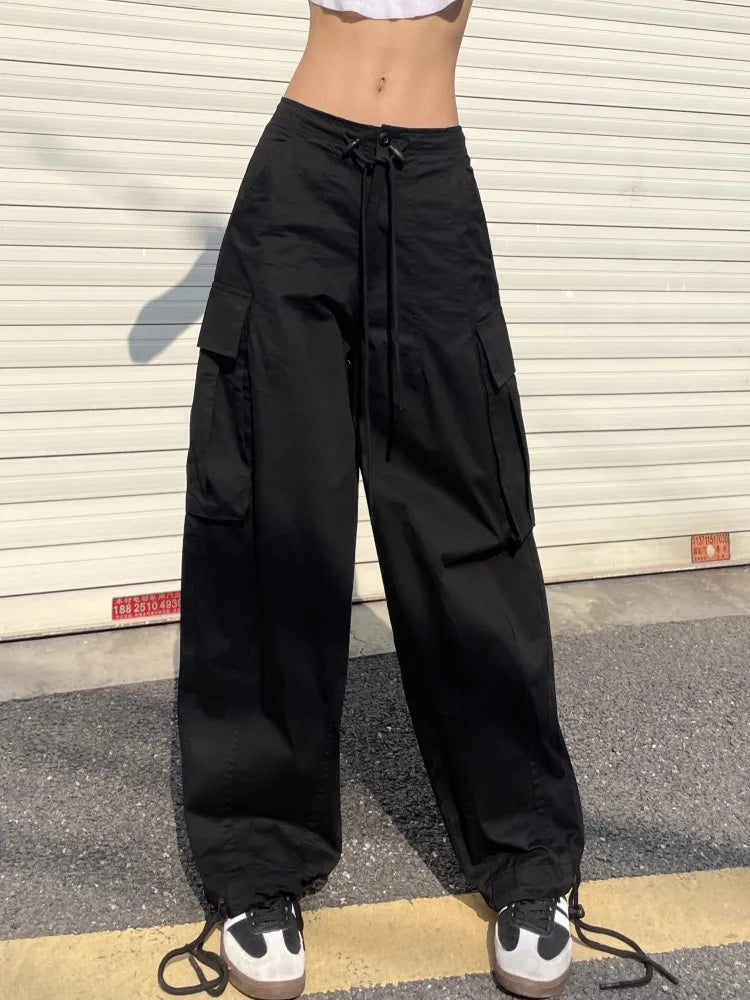 liwuka American White Spicy Girl Workwear Pants, Women'S Design Sense, Drawstring Pockets, Loose Fitting Wide Leg Casual Pants