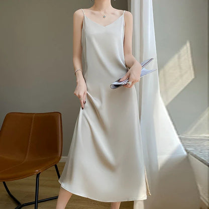 liwuka Silk High-Grade Dress New Spring/Summer Sleeveless V-Neck Dress Vest Slip Skirt Silk White With High-Grade Temperament