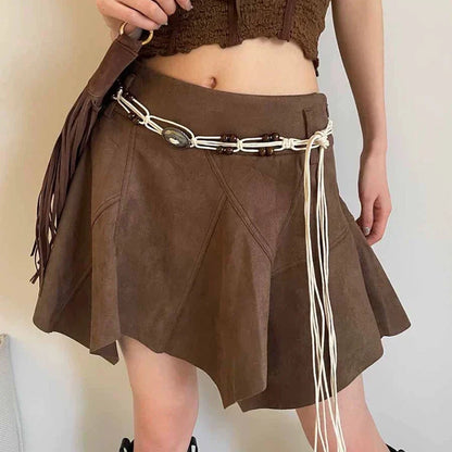 liwuka Vintage Leather Skirt Y2k Women Ruffle Gothic Solid Irregular Streetwear Short Skirt Retro A-line Aesthetics Skirts