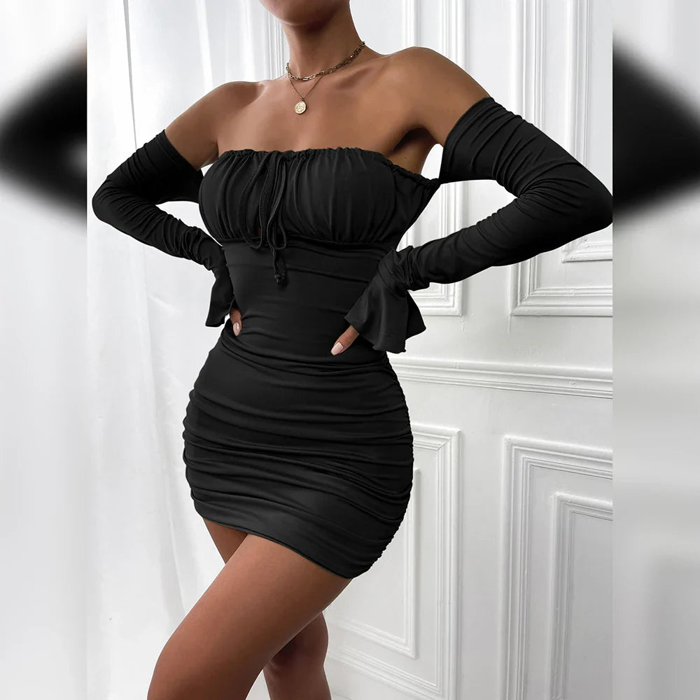 liwuka Classic Flare Sleeves Wrapp Chest Dress Summer Women's Mid Waist Elastic Nightclub Club Pleated Design A-line Slim Fit Dress