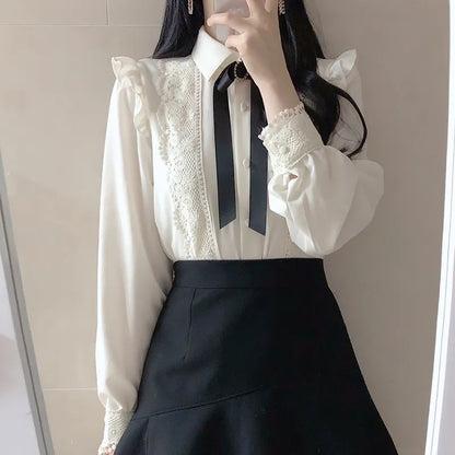 liwuka Hot Sales Women Cute Sweet Girls Preppy Style Tops Blouses Formal FLHJLWOC Office Lady Basic White Button Shirts