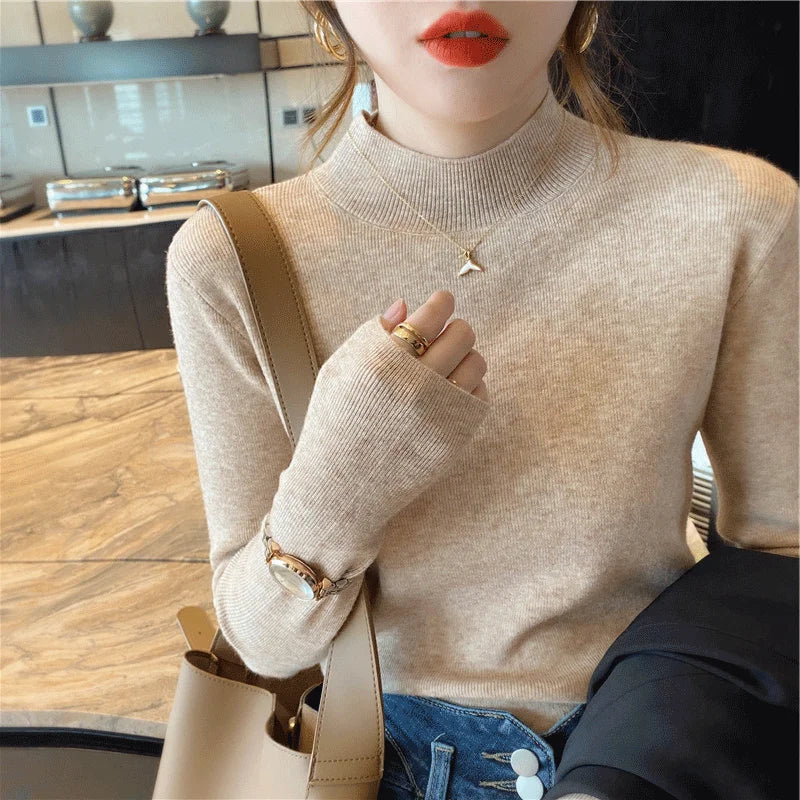 liwuka Autumn Winter Women Mock neck Sweaters Pullover Tops Knitwear Fashion Female Long Sleeve Skinny Elastic Casual Knitted Shirts