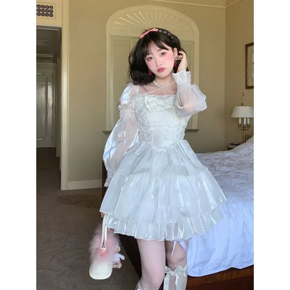 liwuka Japanese Lolita Gentle Sweet Bow Square Neck Women Dress White Mesh Princess Dress Spring/Summer New Puff Sleeve Vestidos