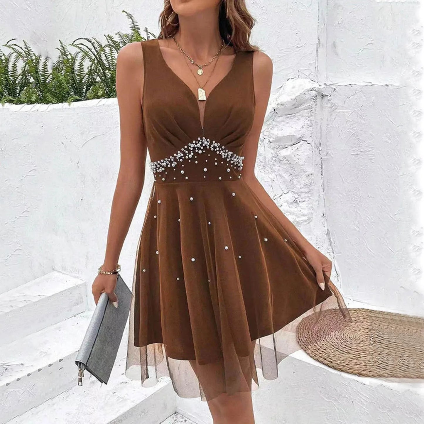 liwuka Elegant Chiffon Dress Women's Sleeveless Suspender Skirt Sexy Skirt A-line Dress Summer 2024 Women Robe