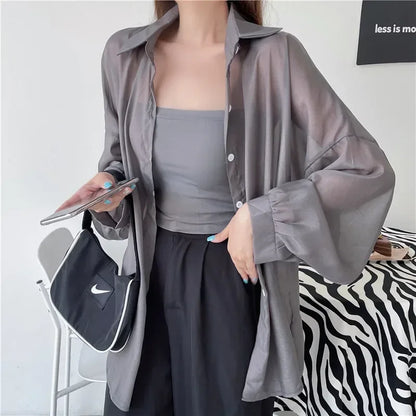 liwuka Fashion Women Holiday Beach Shirts See Through Chiffon Blouse New Summer Tops Sun Protection Clothes Long Sleeve Blusas