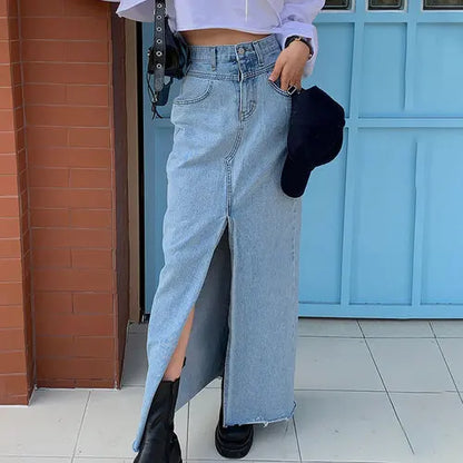 liwuka Vintage High Waist Women Skirt Korean Chic High Split Edge Denim Skirts Simple Blue A-line Jean Long Falda Sexy Mujer