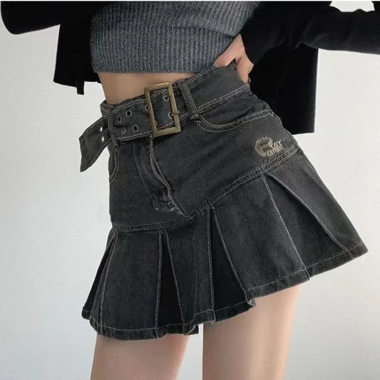 liwuka Denim Pleated Mini Skirt Vintage Sexy High Waist A-line Belt Women Embroidery Jean Short Skirt Summer Japanese Y2k