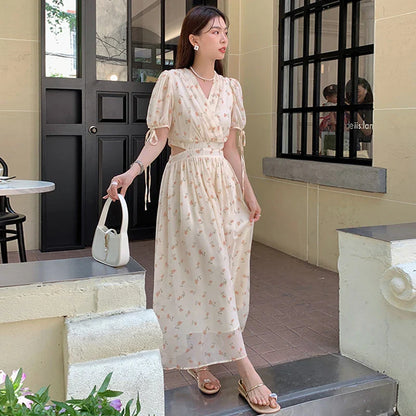 liwuka French Vintage V-Neck Summer Dress Women Pleated Hollow Out Slim Waist Vestidos Sweet Print Chiffon Dresses for Women