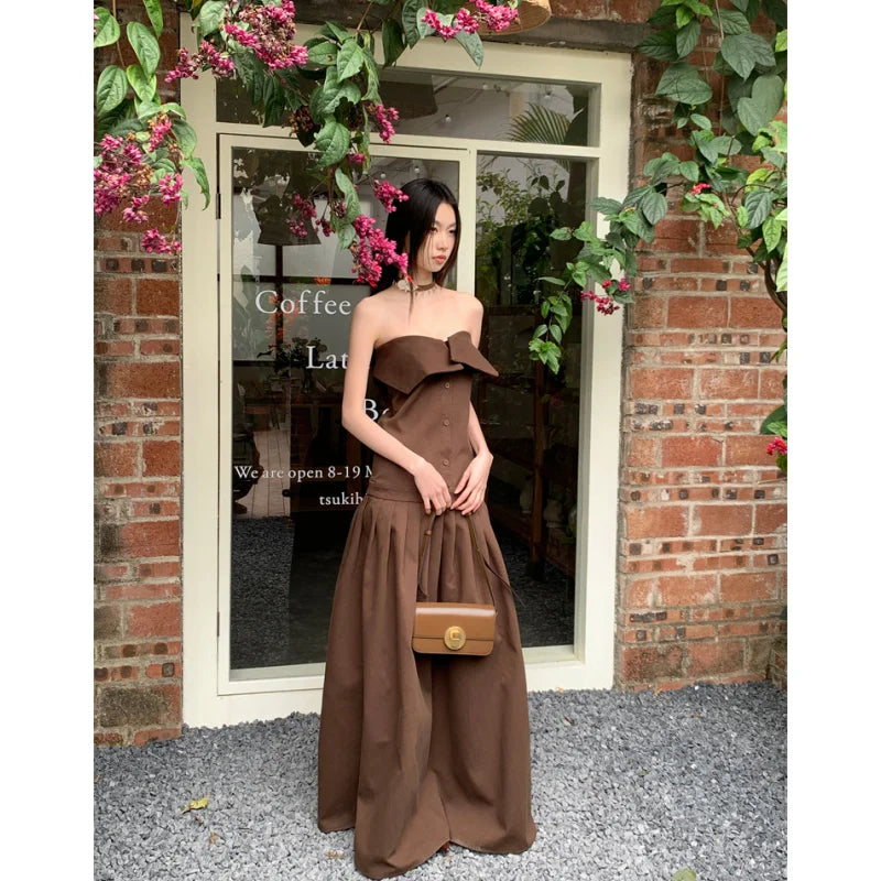 liwuka NEW Brown Elegant Party Dresses Chest Wrapping Solid Women's Clothing Dress Lace Sexy Fashion Retro Summer Long Ball Dress