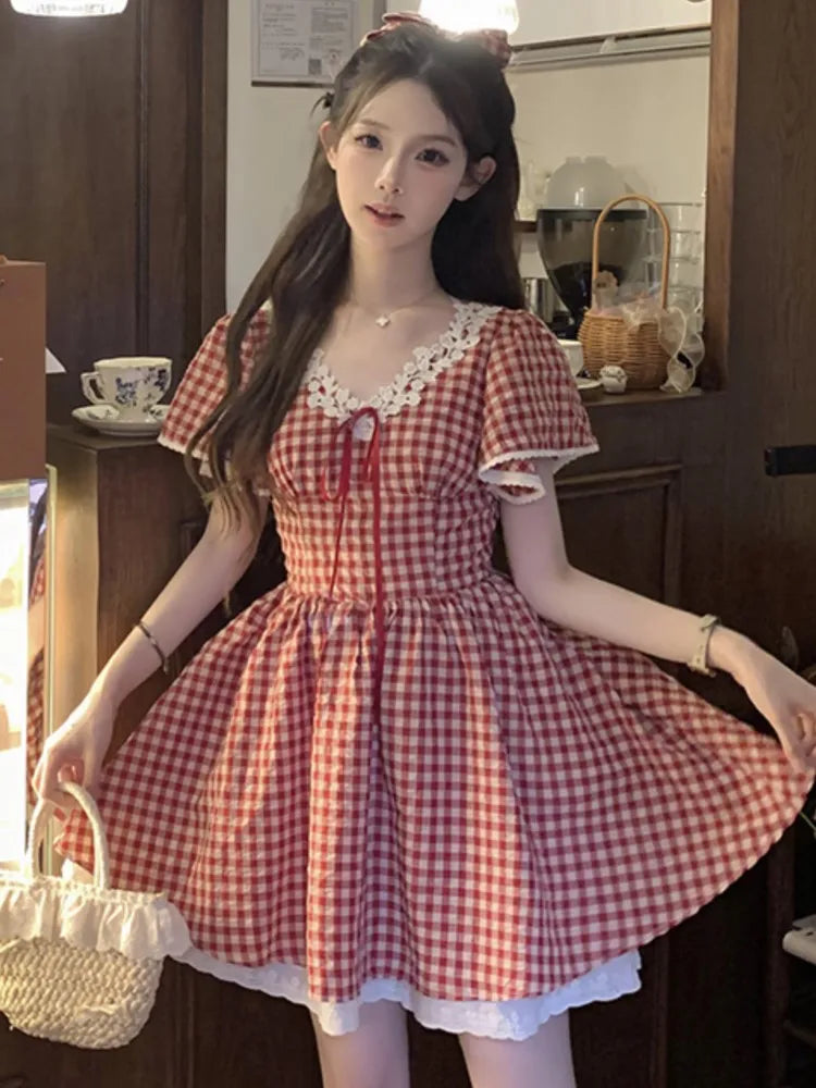 liwuka Elegant Red Plaid Midi Dresses for Women Lace Patchwork V-neck A-line Sweet Casual Summer New Party Dress Kawaii Vestidos Mujer